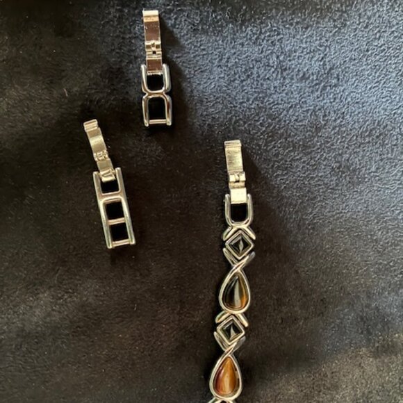 Bracelet - silver tone with black and brown stones, expandable links - Picture 3 of 3